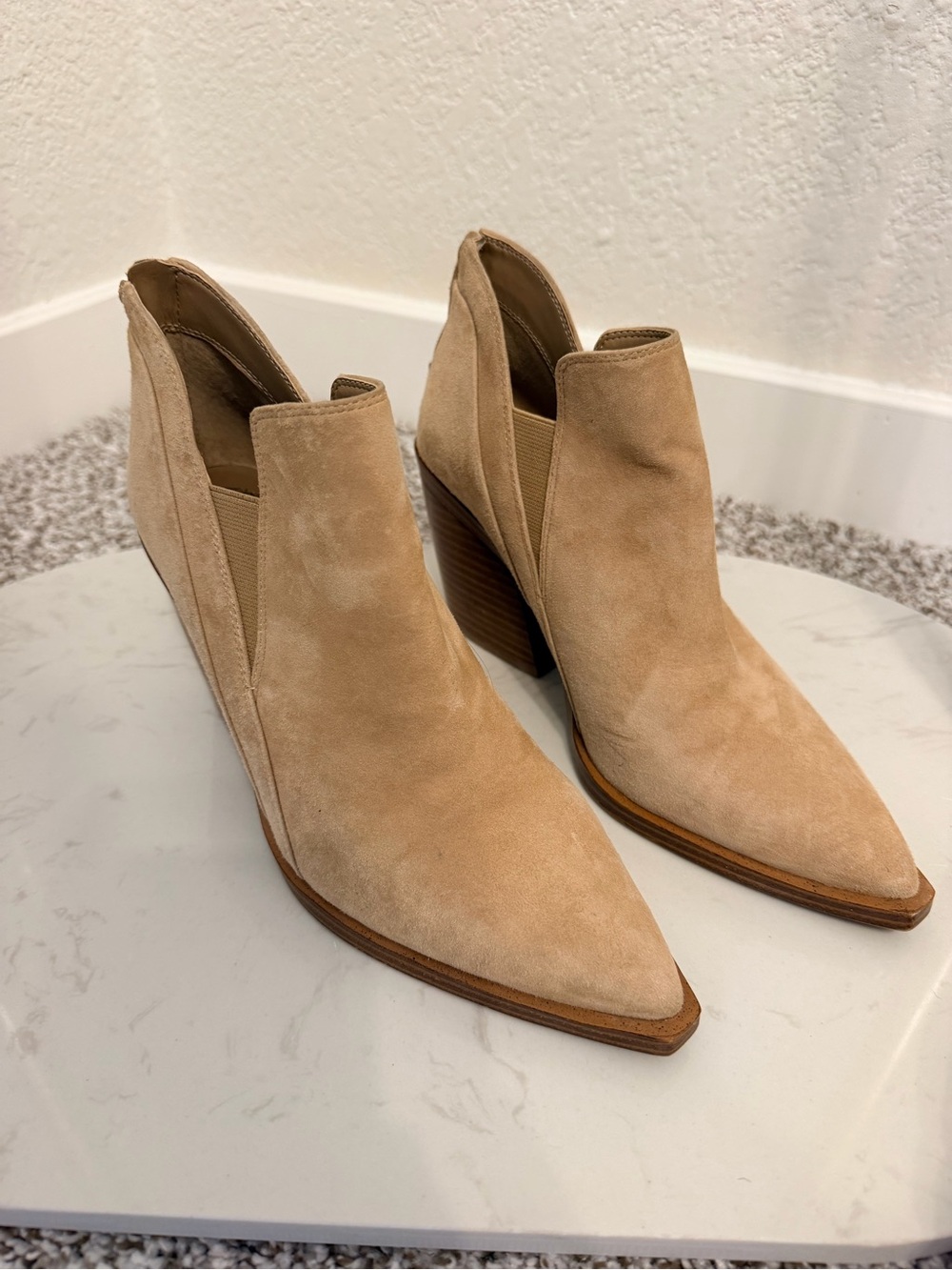 Vince Camuto Tan Suede Pointed-Toe Ankle Booties